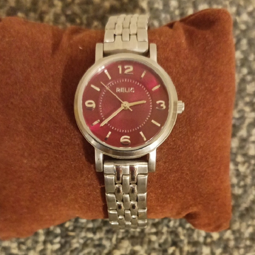Relic Silver Bracelet Watch with Burgundy Red Dial